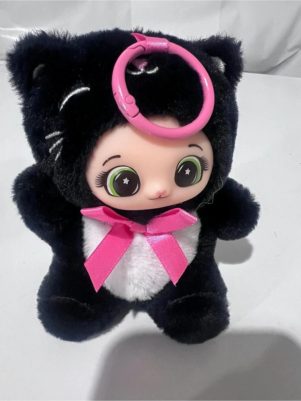 Black Cat Plush Keychain Bag Charm Big Green Eyes Pink Bow Kawaii46